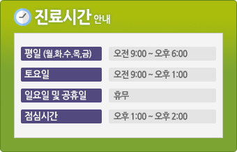 평일: 오전 9시 ~ 오후 6시 / 점심시간: 오후 1시 ~ 오후 2시 / 토요일: 오전 9시 ~ 오후 1시 / 일요일 및 공휴일: 휴무